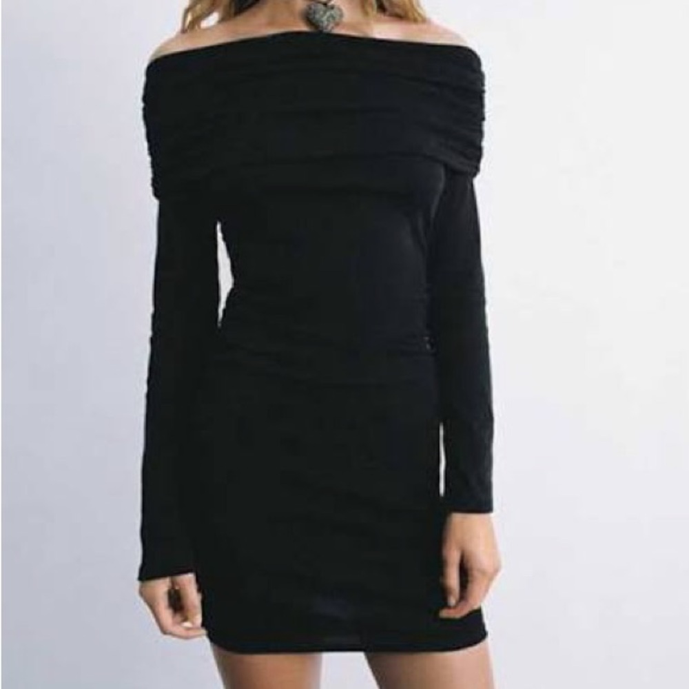 Zara black long sleeve off shoulder mini dress